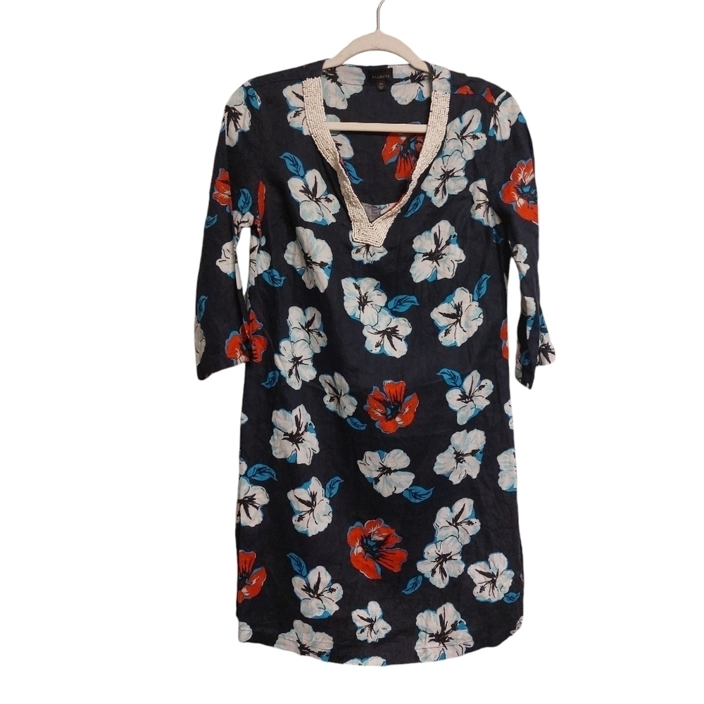 Talbots Beaded Front 3/4 Sleeve Linen Midi Dress- size XS